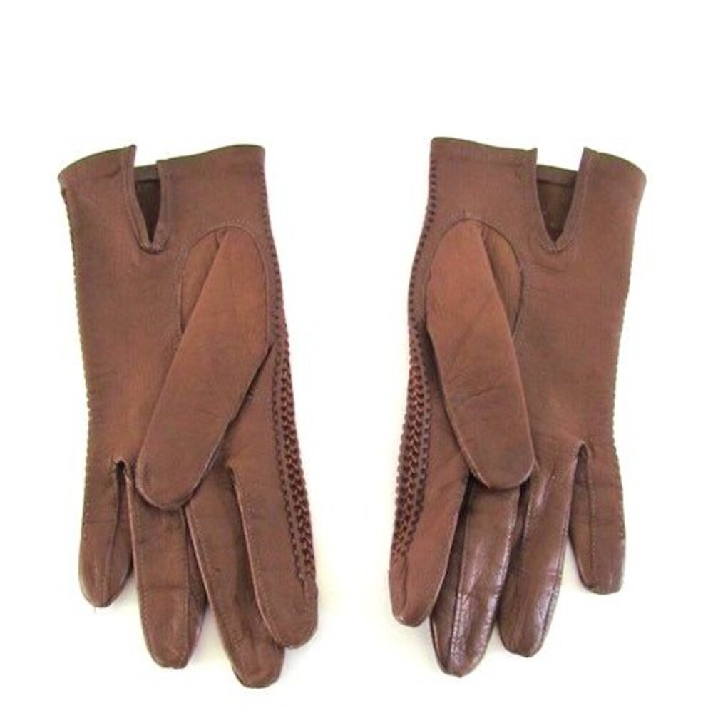 Vintage Brown Womens Lambskin Leather Gloves Small Crochet Accents